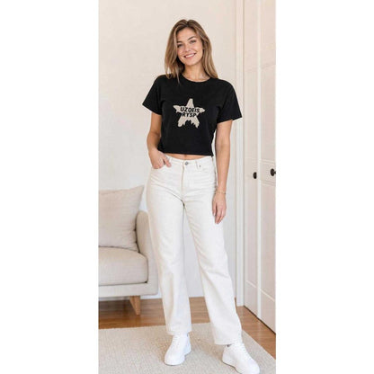 Black T-shirt with star print for an outfit lifestyle view