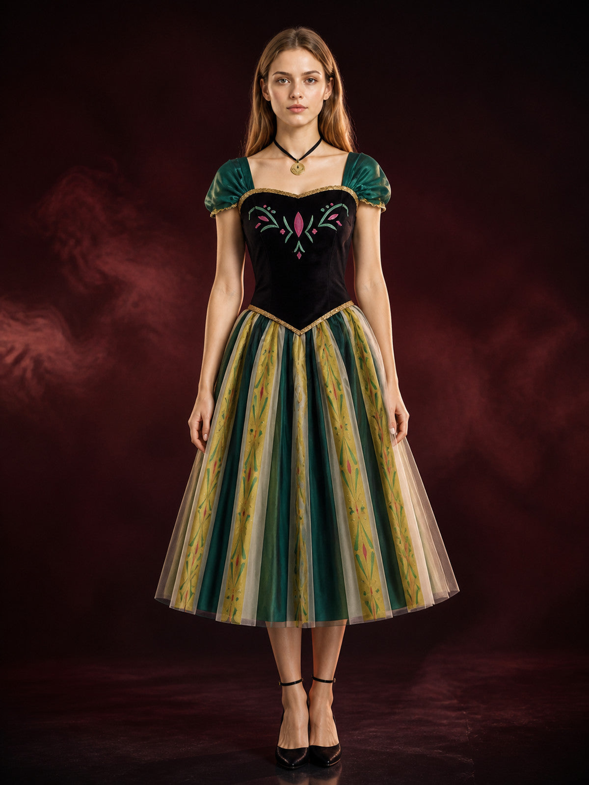 Adult Princess Cosplay Dress, Embroidered Green Black Gold Gown With Necklace main product view