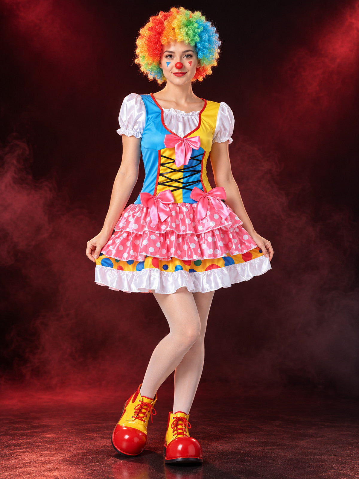 Adult Clown Costume Made of Satin with a Full Skirt and Bows