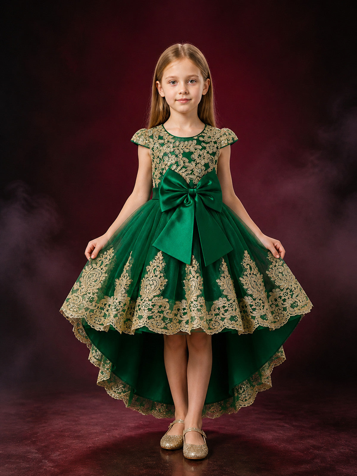 Girls' Dark Green Princess Dress with Gold Lace Embroidery, Bow and Train main product view