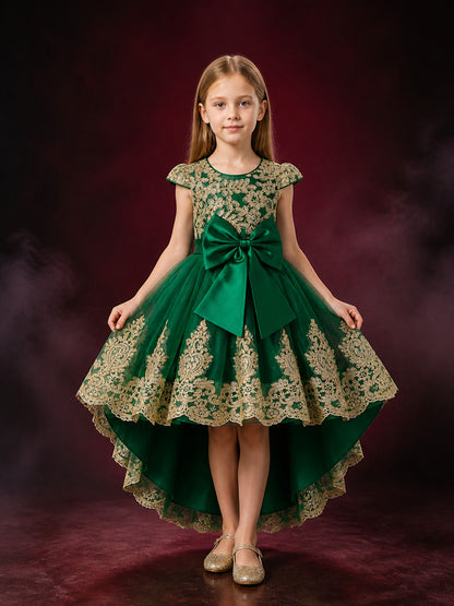 Girls' Dark Green Princess Dress with Gold Lace Embroidery, Bow and Train main product view