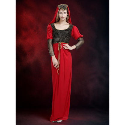 Red Princess Costume Dress with Headpiece, Mesh and Gold Trim for Halloween main product view