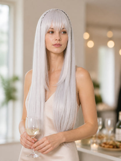 Long Silver Cosplay Wig with Bangs lifestyle view