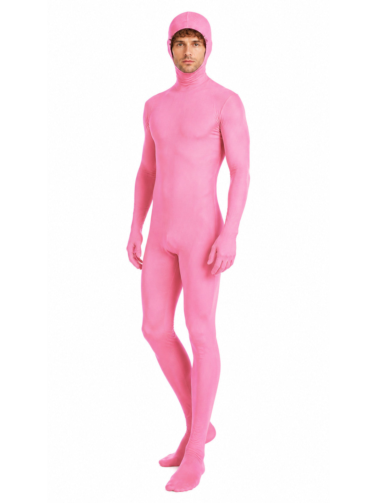 Pink one-piece zentai jumpsuit with an integrated hood product detail