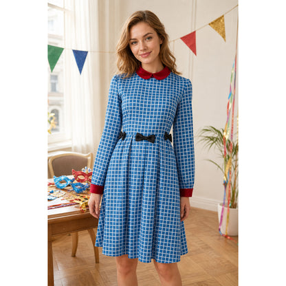 Esther from Orphan cosplay dress in blue plaid lifestyle view