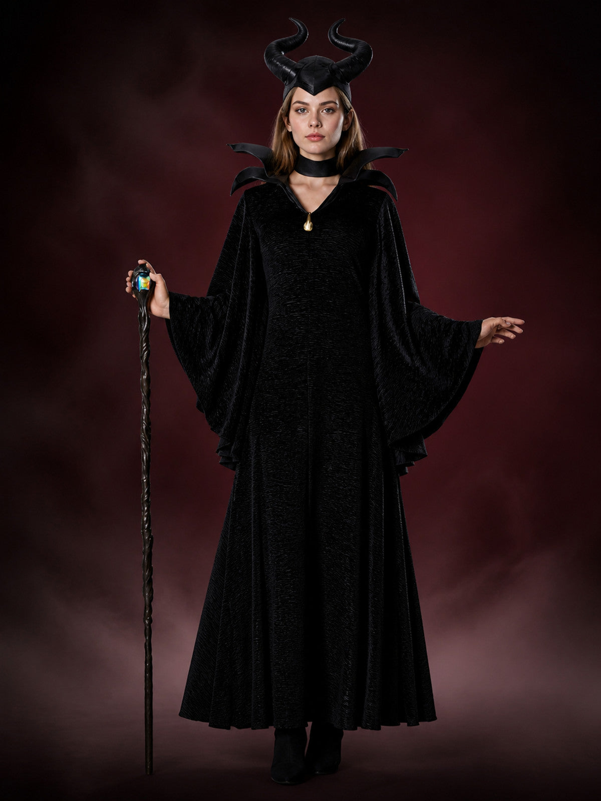 Maleficent-Inspired Halloween Costume, Black Hooded Robe With Bat-Wing Collar