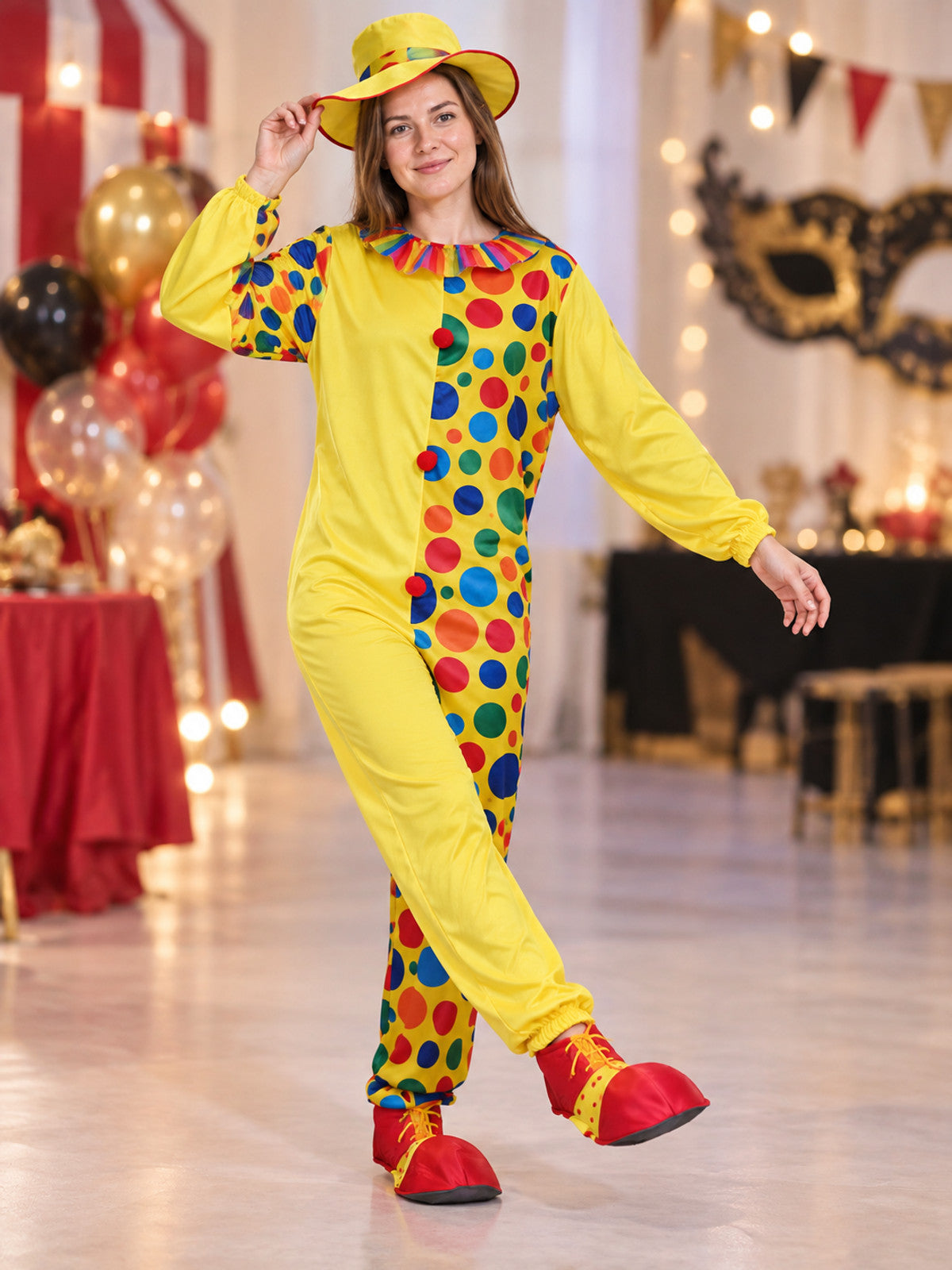 Adult Clown Costume: Yellow Jumpsuit, Hat