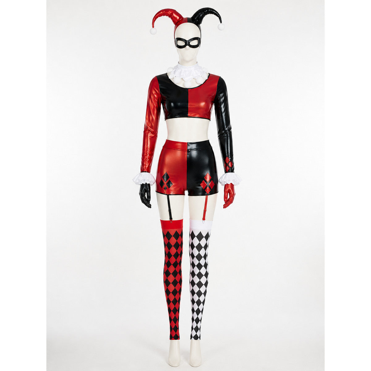 Women's Clown Circus Costume Set - Red Black Harlequin Outfit with Hat, Gloves & Costume Headwear detail