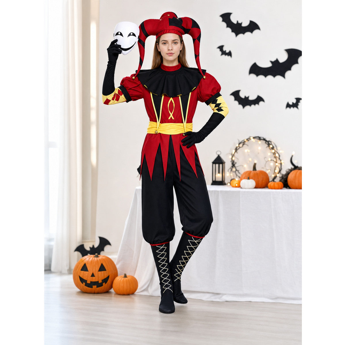 Pierrot Jester Costume for Cosplay with Mask and Accessories