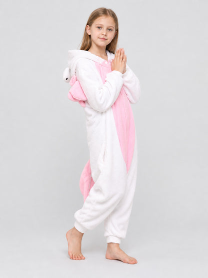 White and Pink Kids' Hooded Pajama Jumpsuit