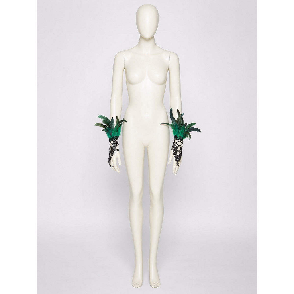 Short Black Lace Mesh Fingerless Gloves Pair with Green and Black Feather Flower Lace Decorations, Costume Accessory