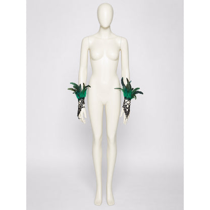 Short Black Lace Mesh Fingerless Gloves Pair with Green and Black Feather Flower Lace Decorations, Costume Accessory