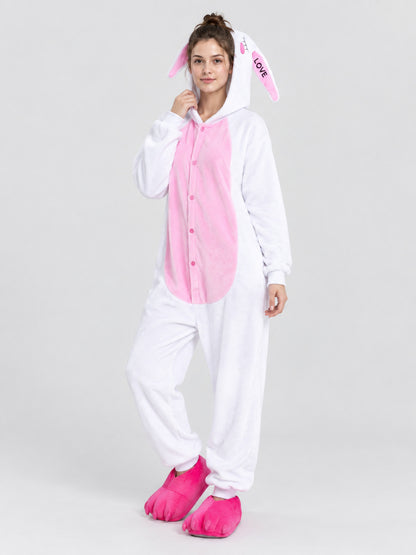 White and Pink Hooded Pajama Jumpsuit with Ears
