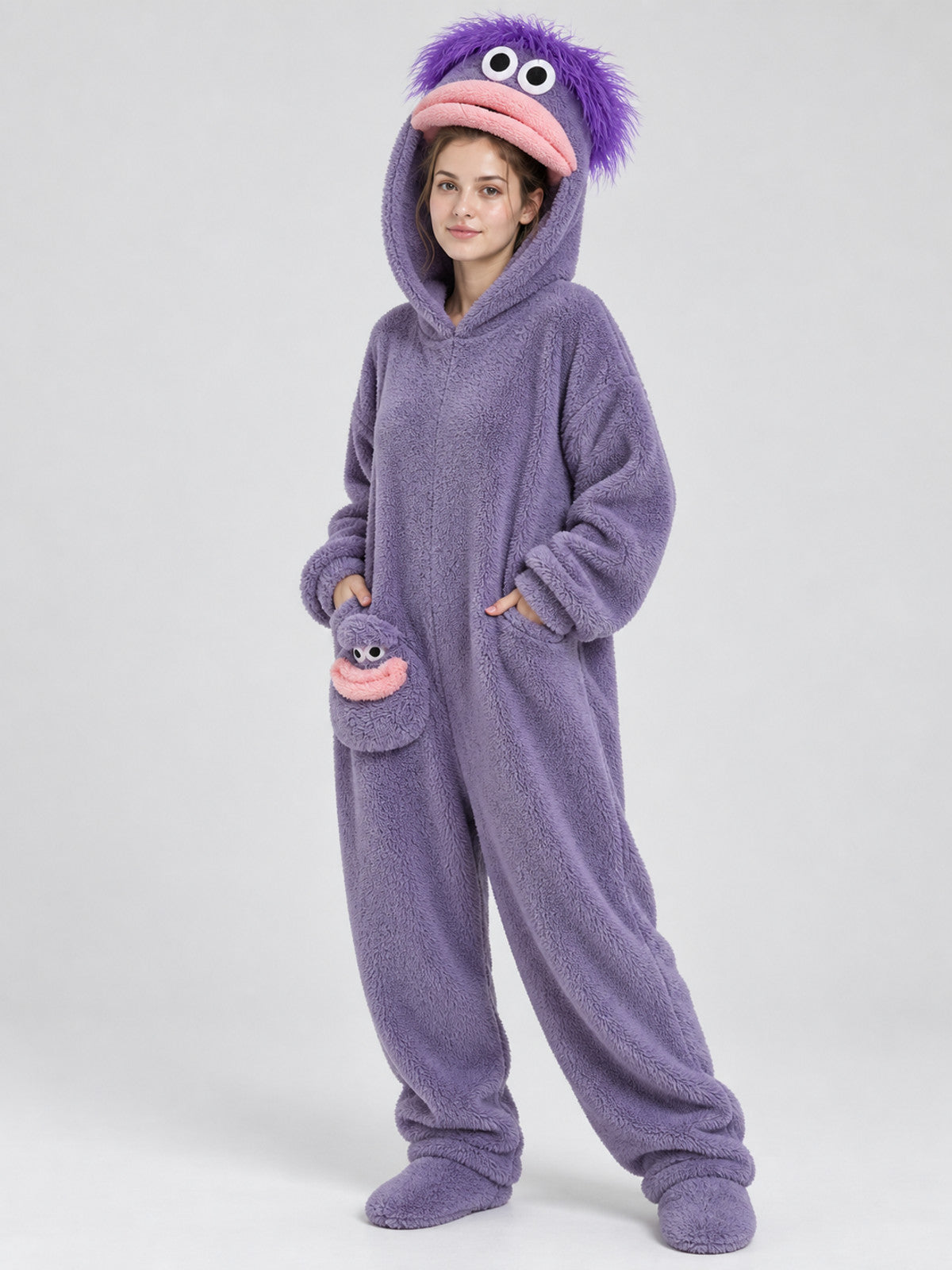 Purple Plush Cartoon Face Pajama Jumpsuit