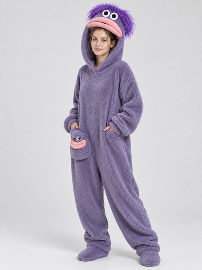 Purple Plush Cartoon Face Pajama Jumpsuit