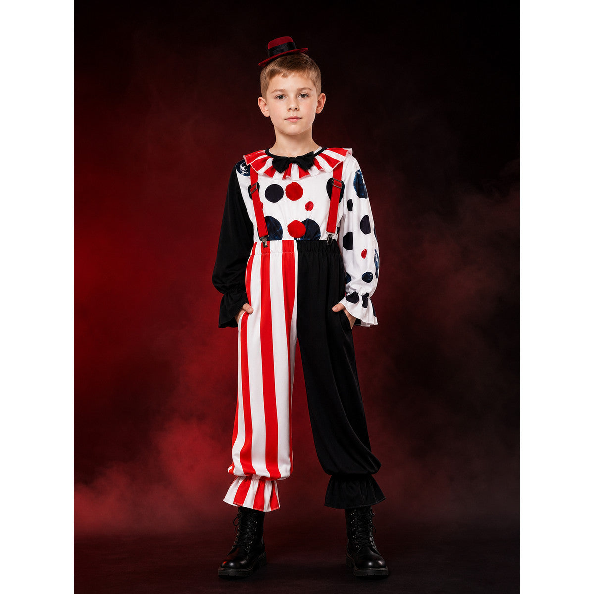 Men's Clown Costume Set With Polka Dot Top, Striped Pants, Hat and Suspenders main product view