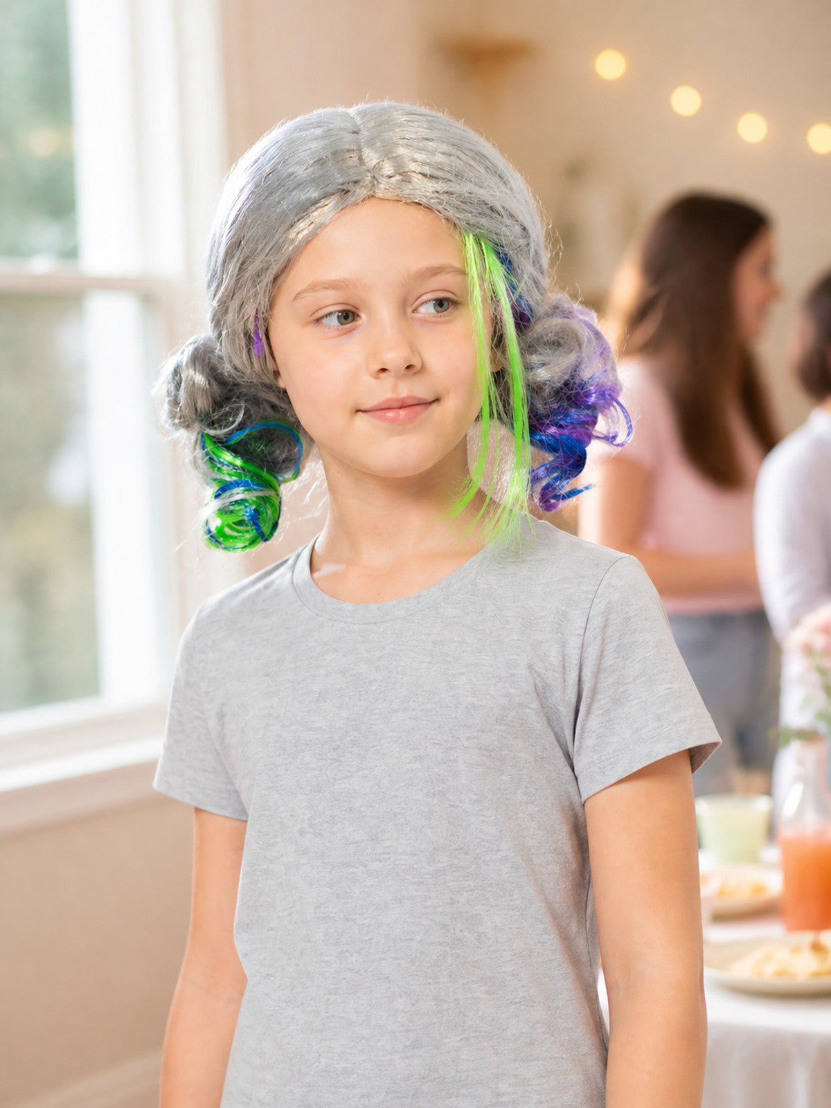 Gray Carnival Wig with Colored Strands for Cosplay
