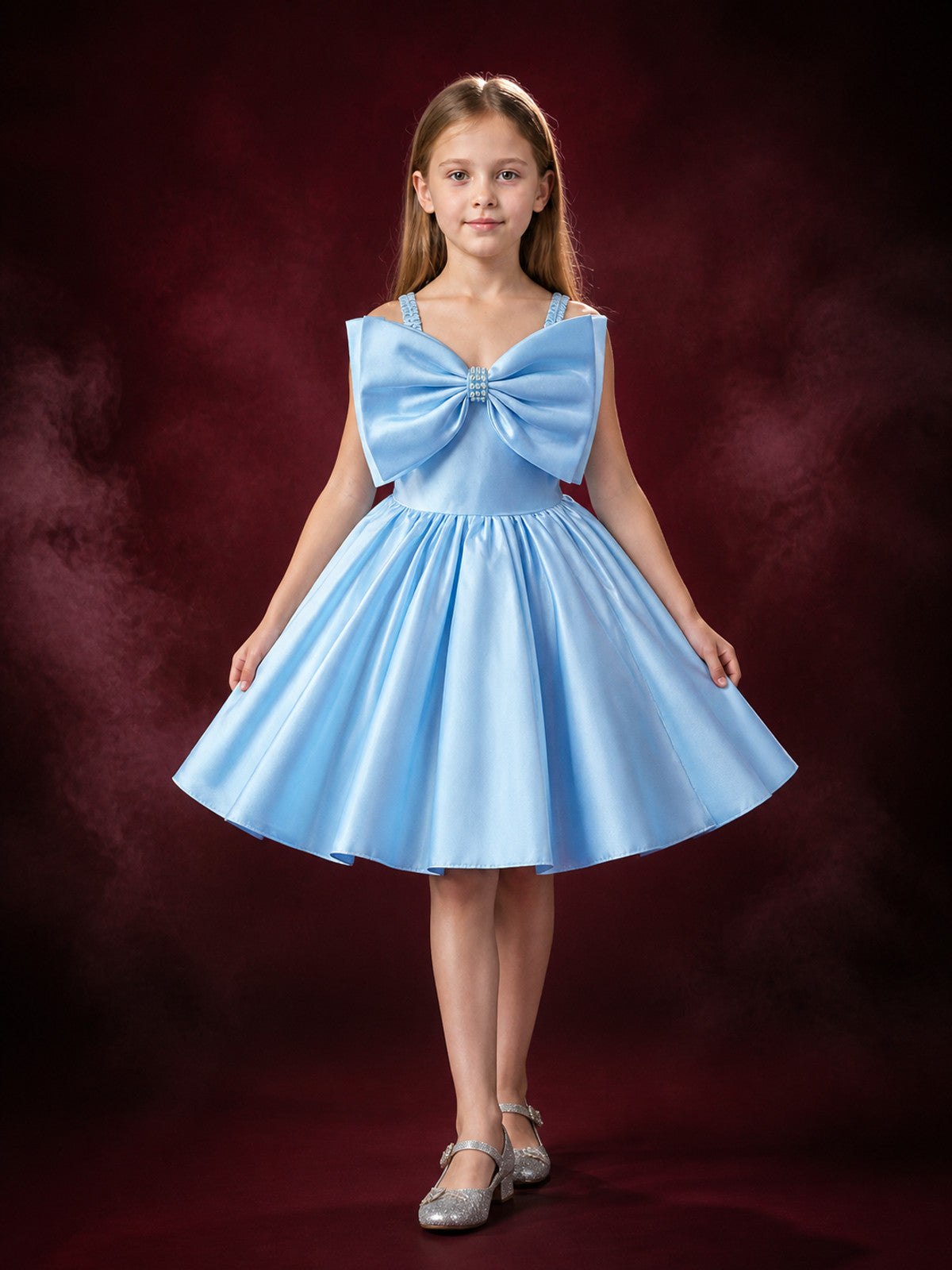 Baby Girl Sky Blue Princess Dress with Oversized Bow, Sleeveless Party Gown main product view