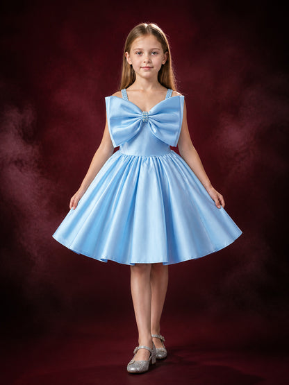 Baby Girl Sky Blue Princess Dress with Oversized Bow, Sleeveless Party Gown main product view