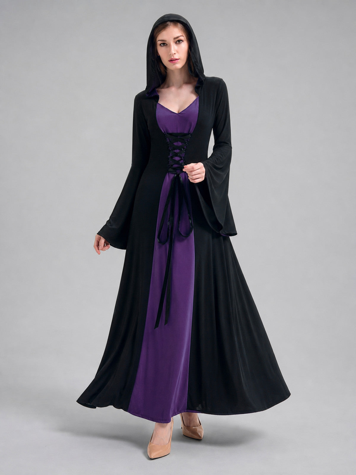 Gothic Long Hooded Dress with Lace-Up Detail