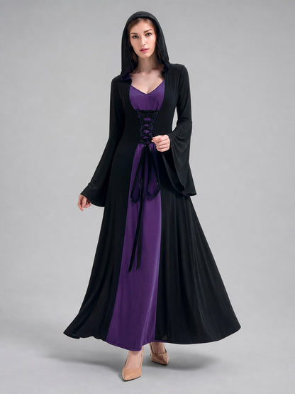 Gothic Long Hooded Dress with Lace-Up Detail