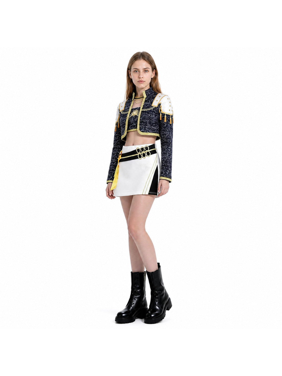 Black-and-Gold Cosplay Costume with White Skirt