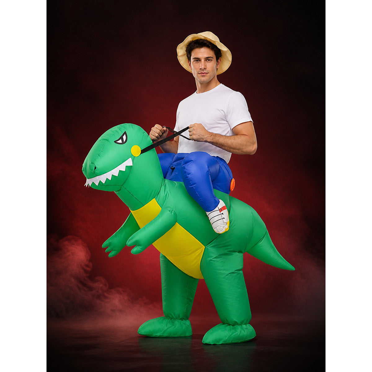 Green Inflatable Dinosaur Costume with Yellow Belly and Long Tail for Halloween main product view
