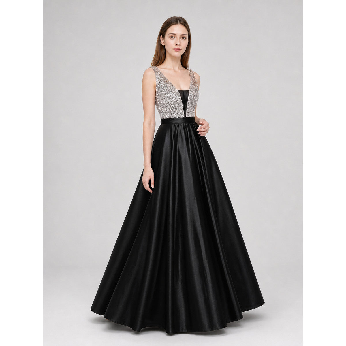 Long Evening Dress with a Deep V-Neckline Costume Dresses detail