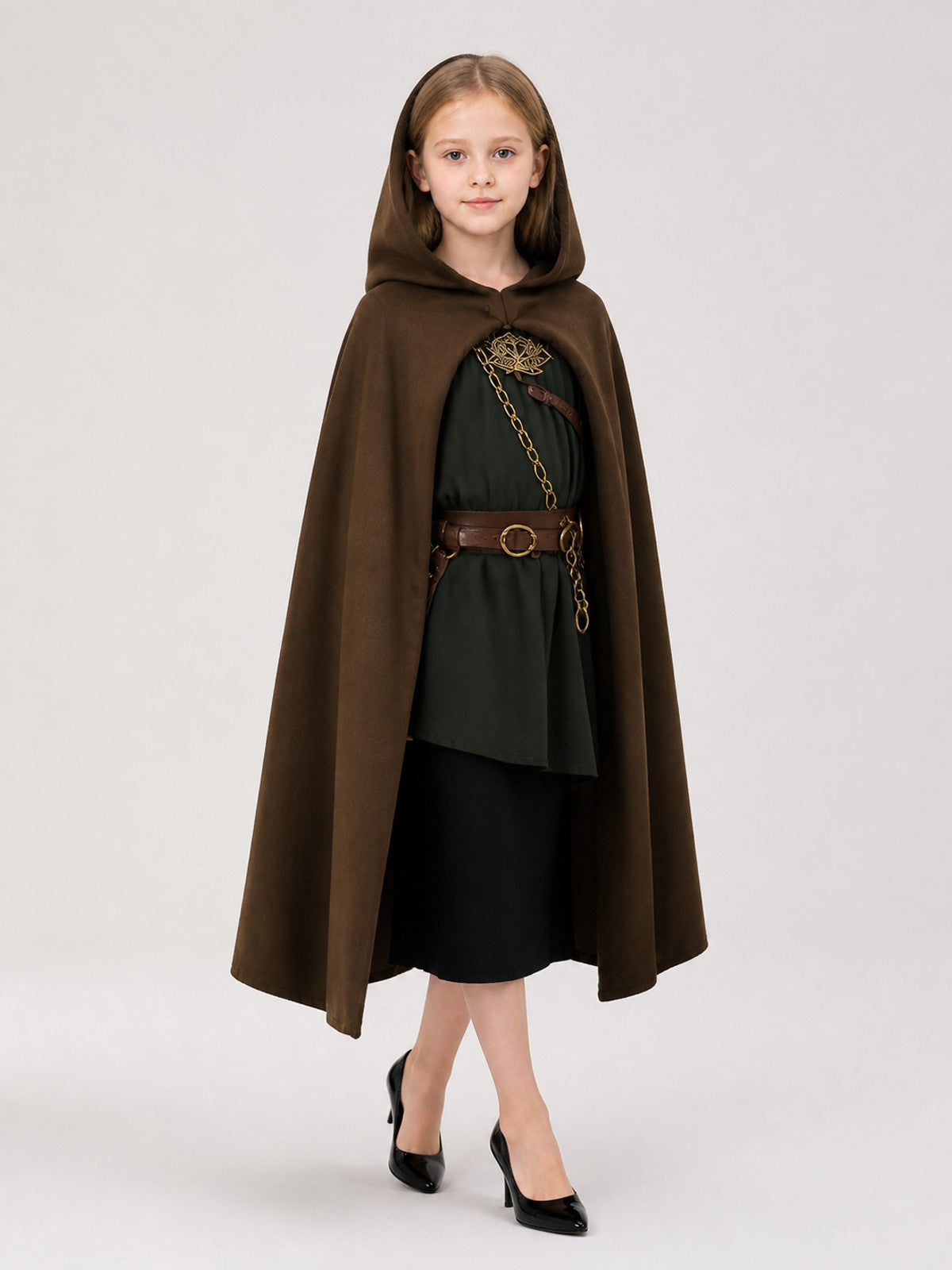 Brown hooded cloak shown full-body on a girl with a dark green tunic, black skirt, belt, and chain accessory