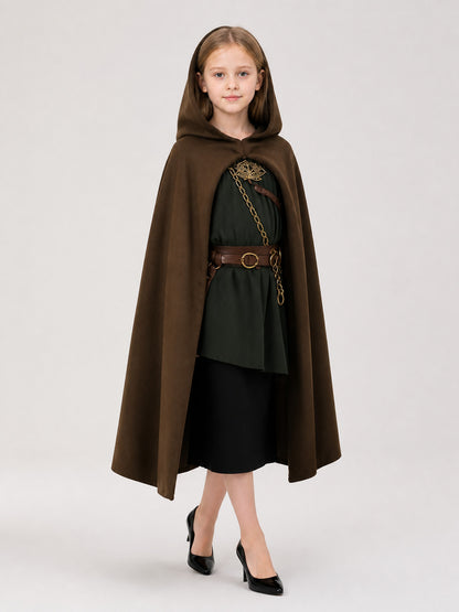 Brown hooded cloak shown full-body on a girl with a dark green tunic, black skirt, belt, and chain accessory