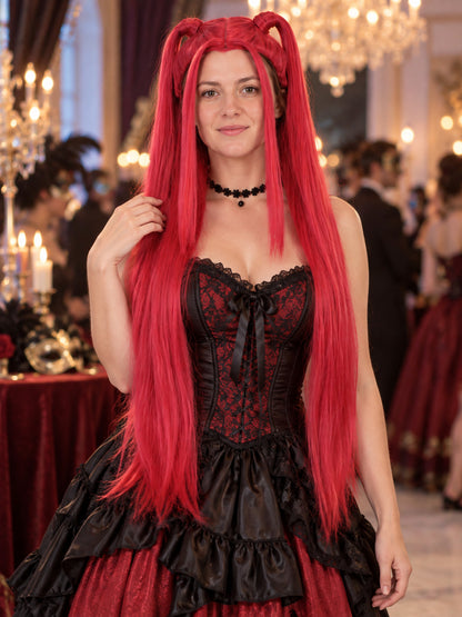 Bright Red Long Cosplay Wig with Bangs and Buns