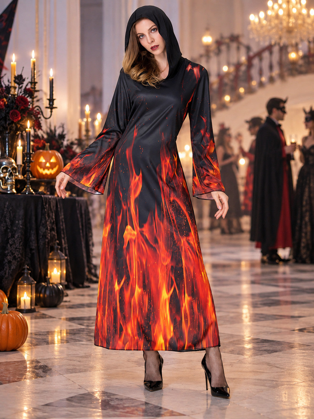 Carnival Dress with Hood, Black with Flame Print