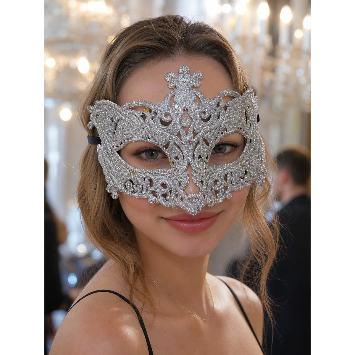 Close-up of a woman wearing a silver glitter eye mask with ornate cutouts, multicolored rhinestones, and black side ties
