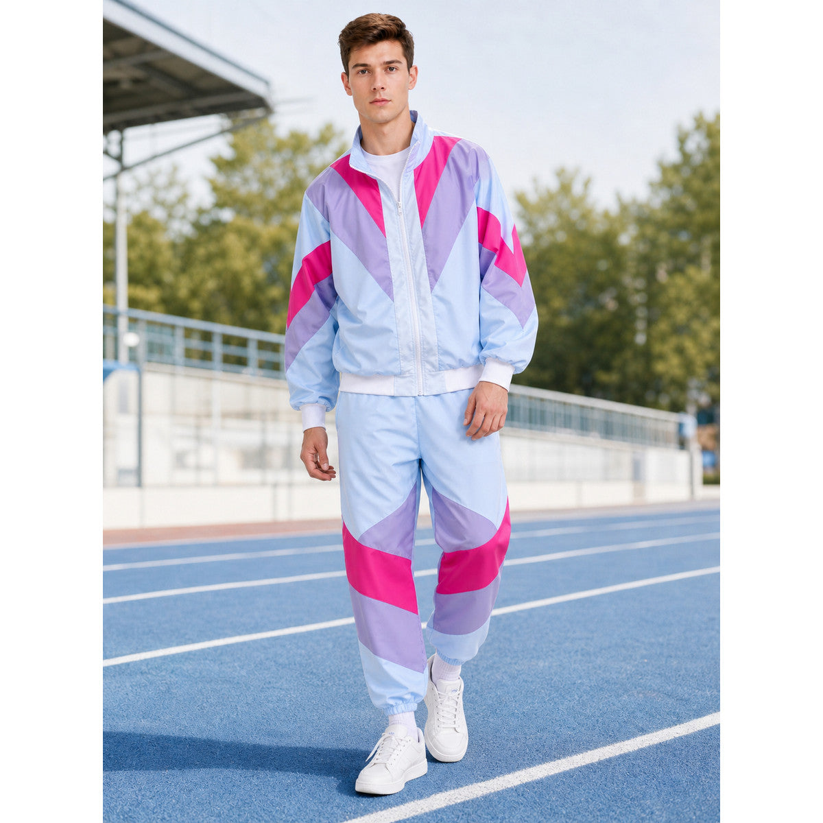 Bright two-piece set with geometric panels lifestyle