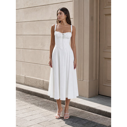 White Midi Dress with Thin Straps and a Fitted Bodice