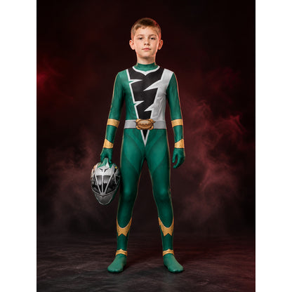 Unisex Green Ranger Bodysuit Costume with Mask, Lightning Print Halloween Outfit main product view