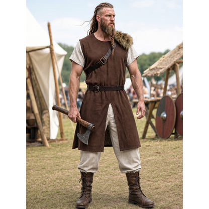 Brown sleeveless tunic with fur shoulder trim and leather-style belt on a full-body model in an outdoor Viking-themed setting