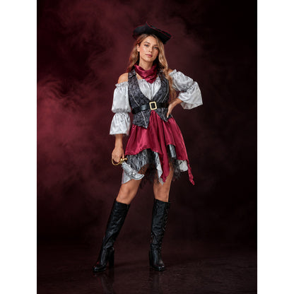 Women's Pirate Costume Set with Asymmetric Skirt, Lace Trim & Tricorn Hat lifestyle