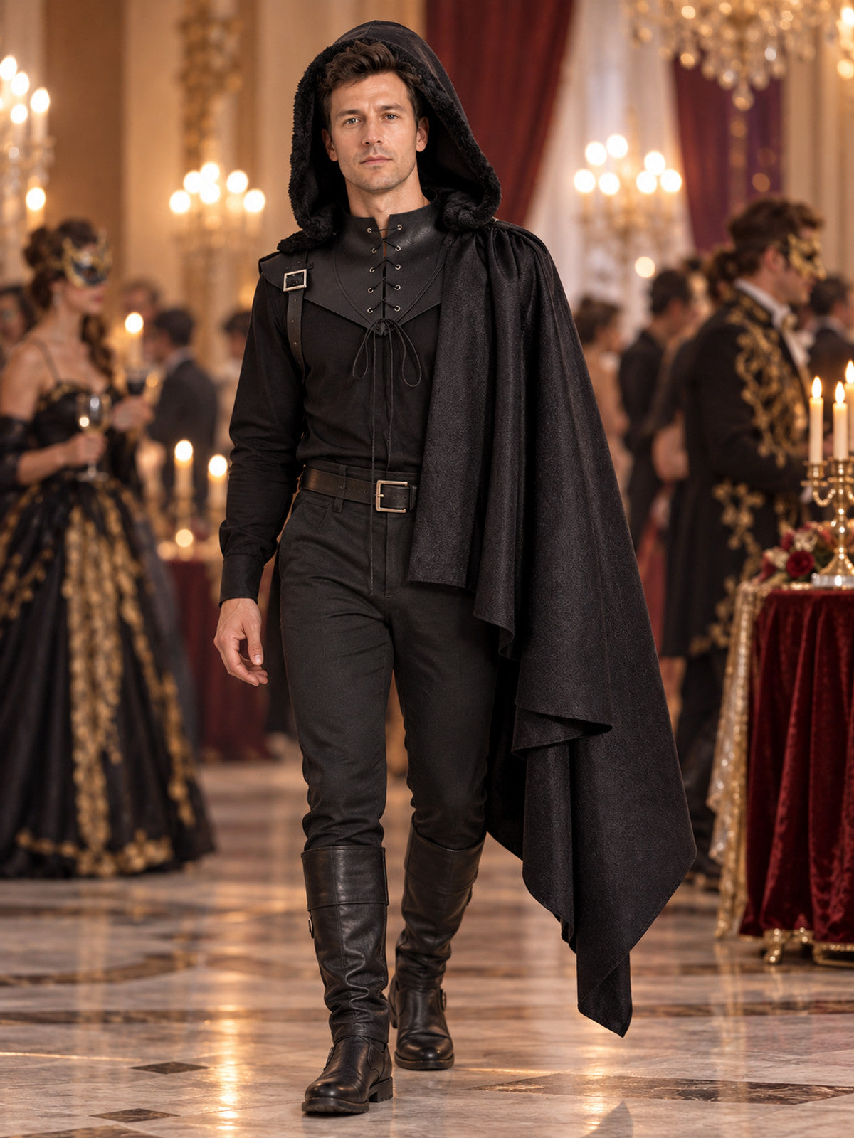 Black Medieval Hooded Cloak, with Fur, Lacing