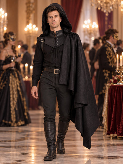 Black Medieval Hooded Cloak, with Fur, Lacing