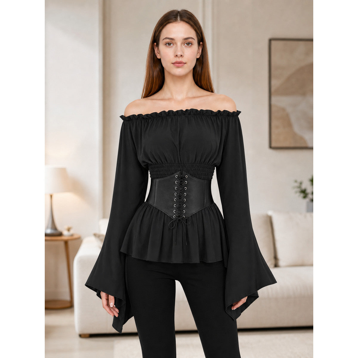 Black Gothic Peplum Top with Lace-Up Belt