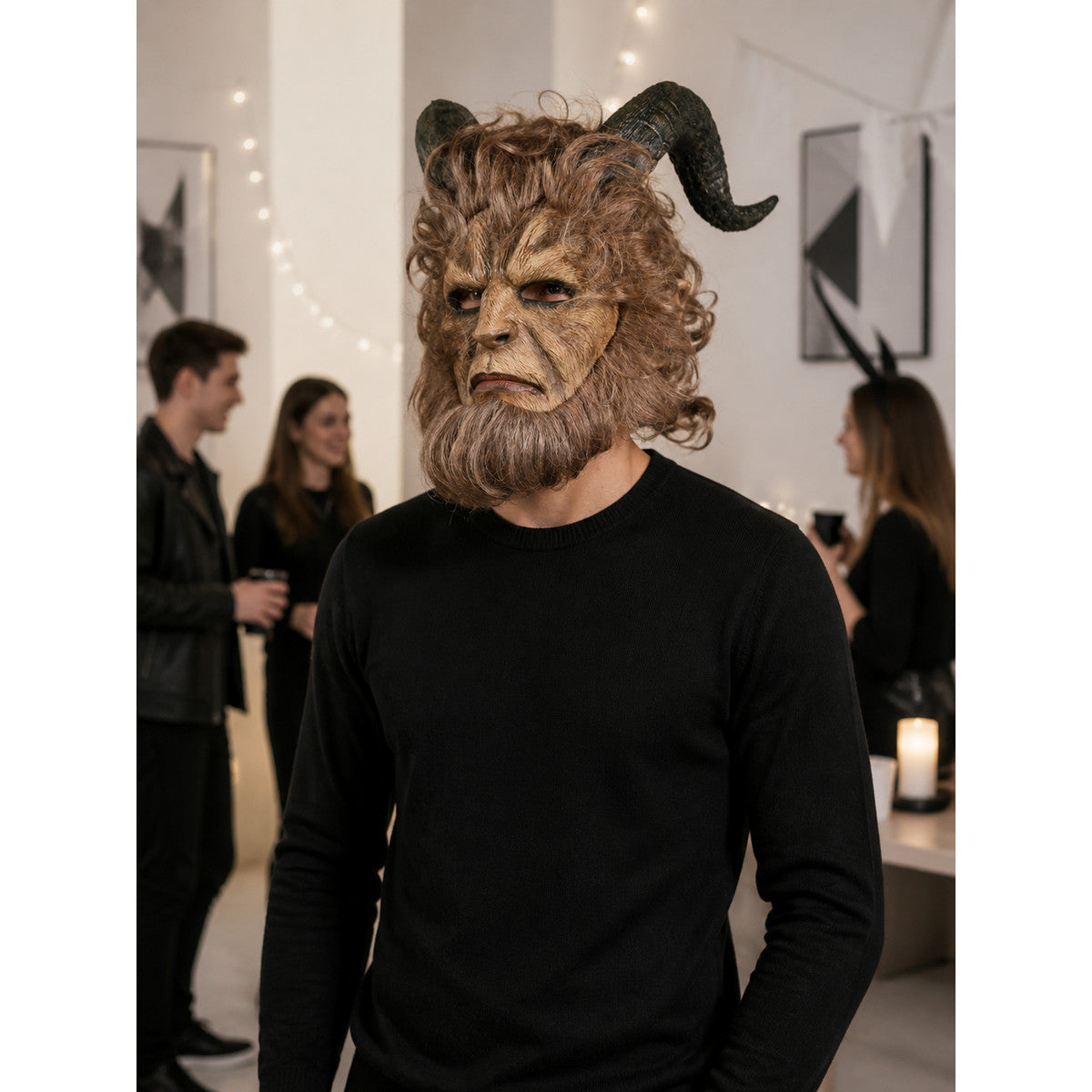Halloween Beast Mask with Black Horns and Brown Mane