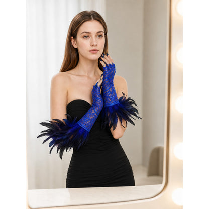 Blue Lace Feather Carnival Gloves, Pair