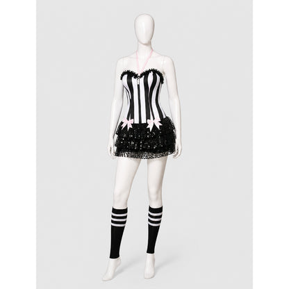 Black-and-White Striped Stage Costume with Pink Bow Costume Accessories detail