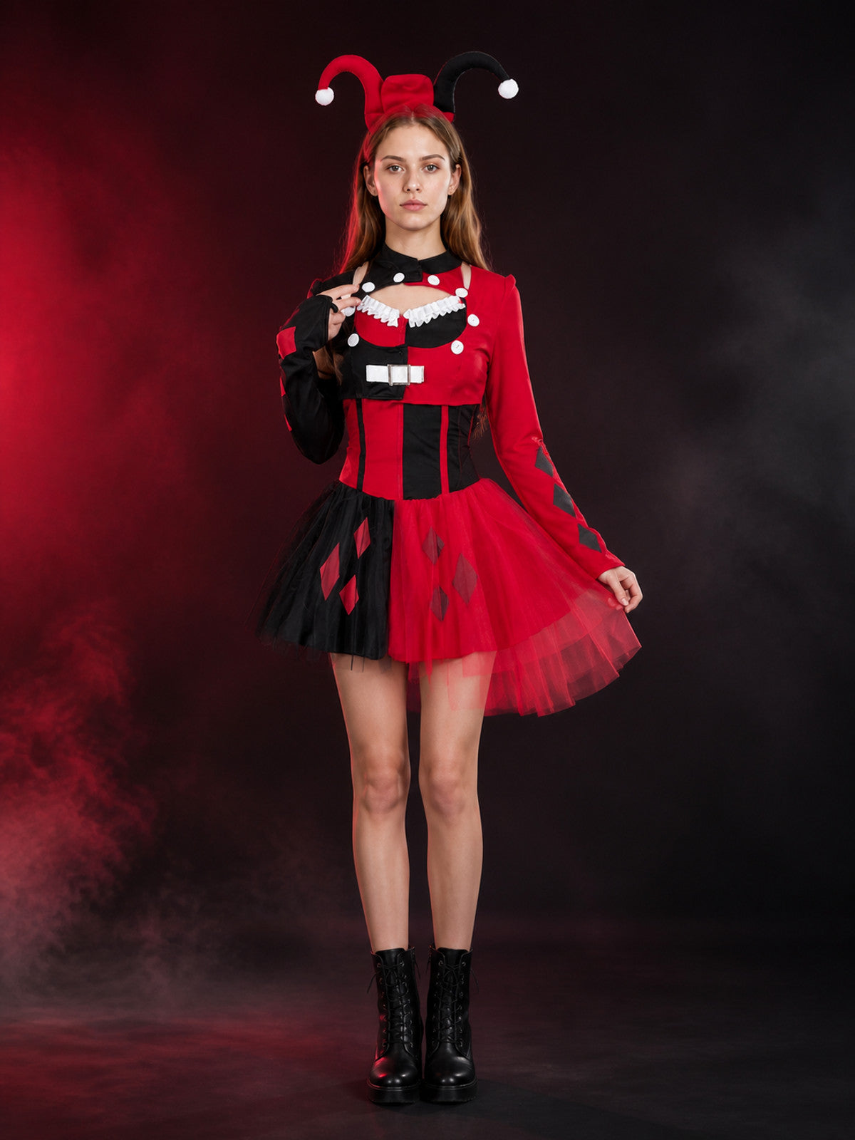 Clown Costume Set, Red Black Pink Tutu Dress with Diamond Patches, Halloween main product view