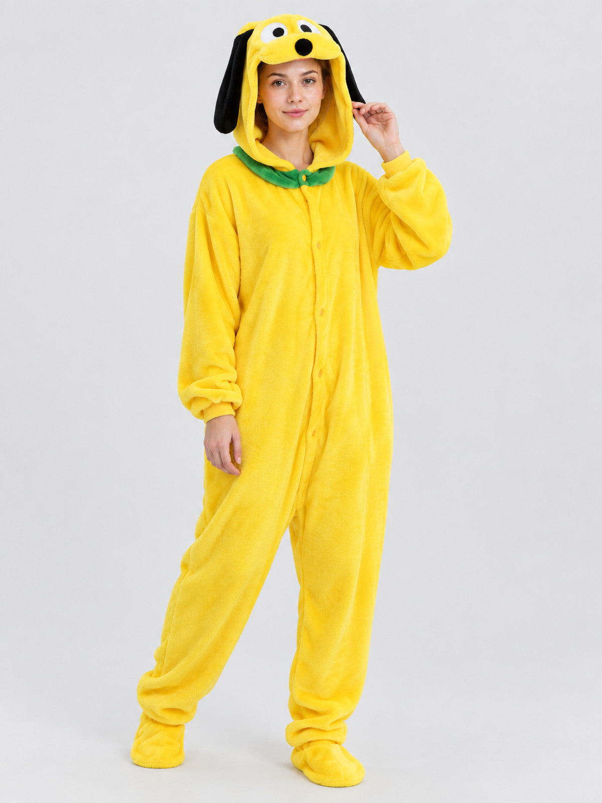 Yellow Flannel Kigurumi with Hood and Hanging Ears