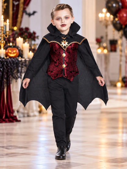 Kids' vampire carnival costume, burgundy vest, cape