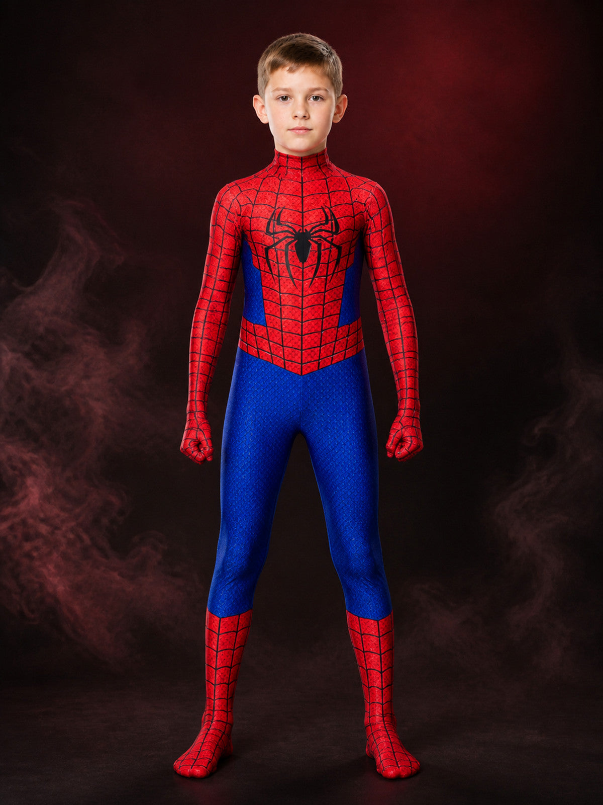 Kids' Spider-Themed Bodysuit Costume, Red Blue Black Web Design With Attached main product view