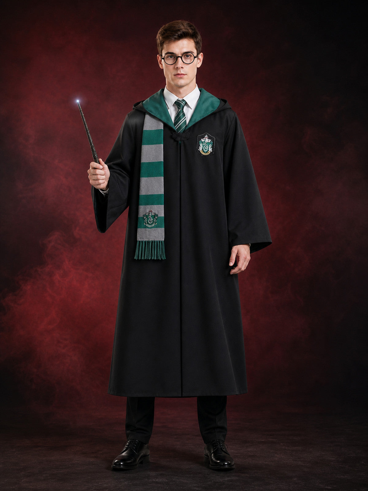 Slytherin Wizard Costume Set, Hooded Black Robe With Scarf, Tie, Glasses And main product view