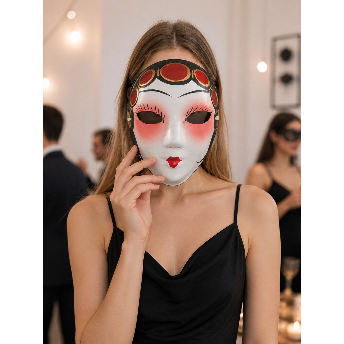 Carnival Opera Mask with Red and Gold Patterns lifestyle view
